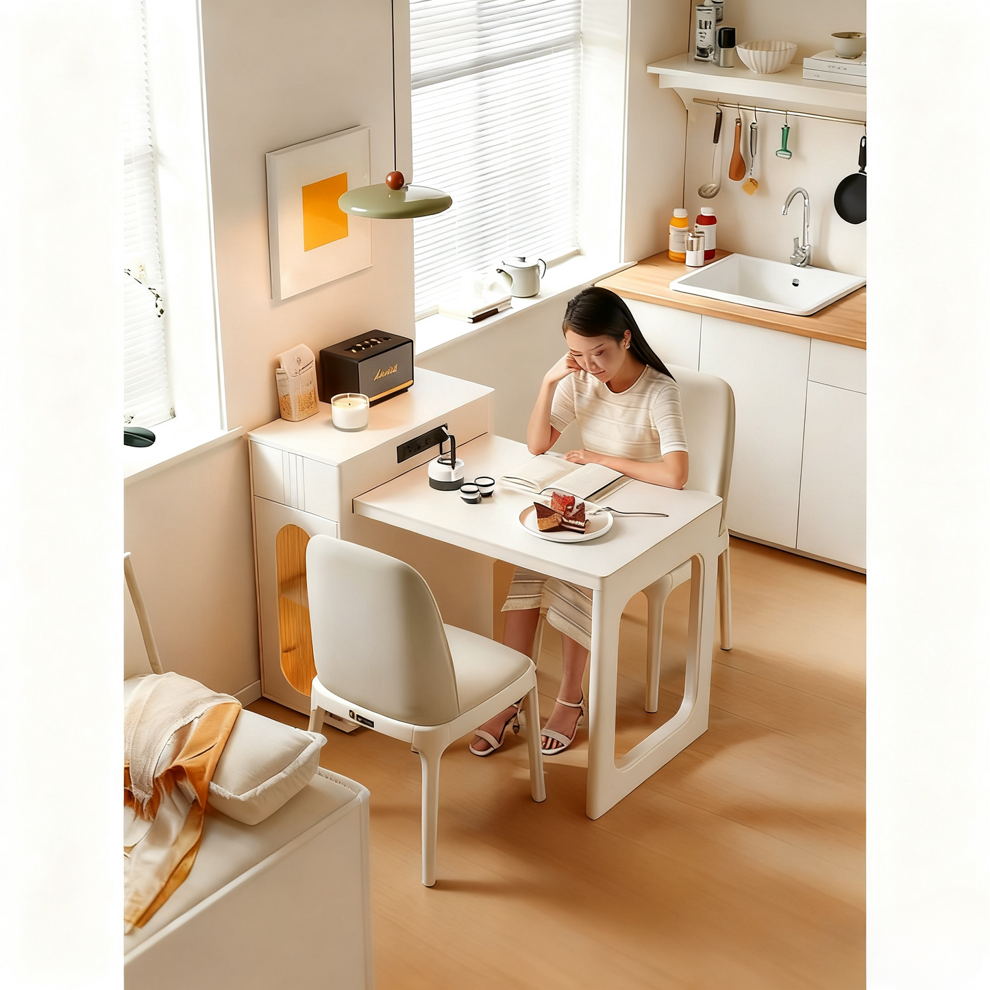 ✨Multifunctional Storage Cabinet, Retractable Island Dining Table with induction cooker