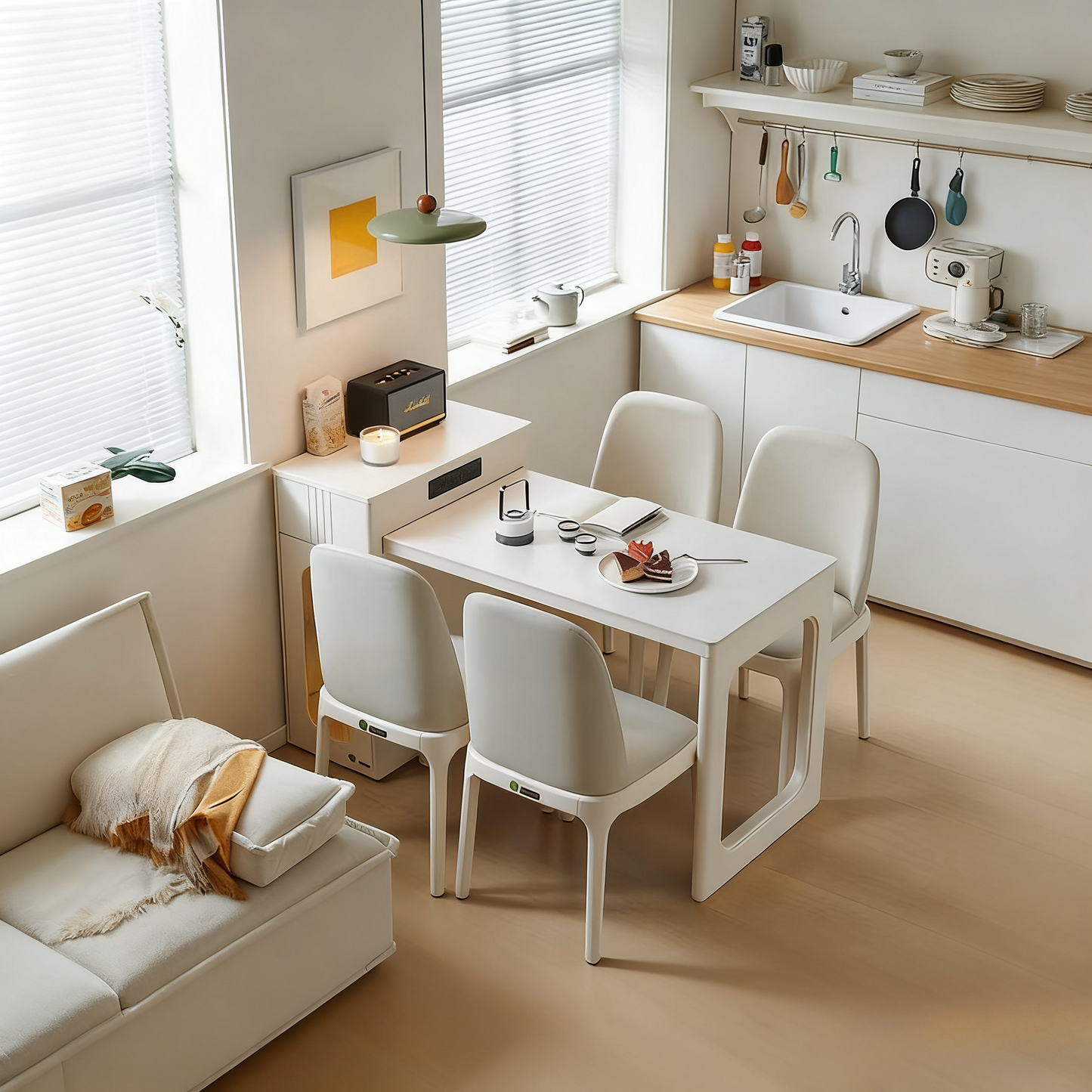 ✨Multifunctional Storage Cabinet, Retractable Island Dining Table with induction cooker